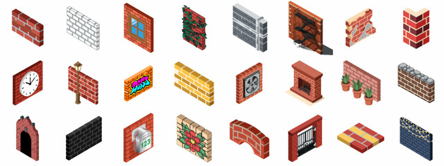Naklejka premium Collection of isometric brick wall elements and constructions, featuring different colors, textures, windows, ivy, fire escapes, gates, and graffiti icons.
