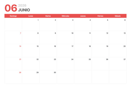 Calendario 2026. La semana del calendario 2026 comienza en domingo. Calendario corporativo minimalista y limpio para Junio 2026