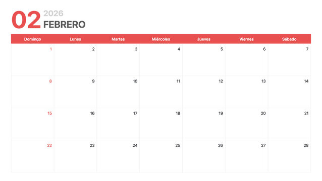 Calendario 2026. La semana del calendario 2026 comienza en domingo. Calendario corporativo minimalista y limpio para Febrero 2026