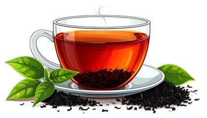 An illustration features a transparent teacup brimming with a rich, amber-hued liquid. Green leaves and loose tea leaves surround it. Steam rises