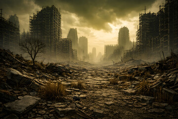 Abandoned city ruins in post apocalyptic wasteland