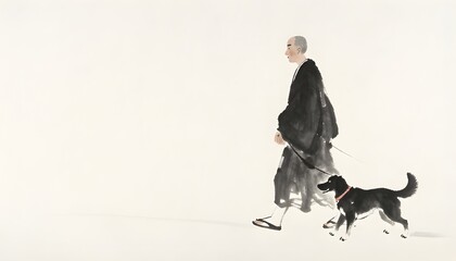Elderly Man Walking Dog Minimal Scene