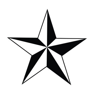 Five-pointed compass star with flat beveled shading isolated on white.