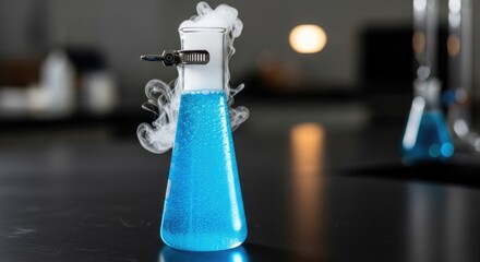 A blue liquid in a conical flask with steam rising, set against a blurred laboratory background.