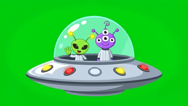 Animated cartoon of two friendly aliens in a spaceship on green screen.