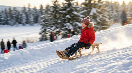 Happy child in red jacket sledding fast down snowy hill with motion blur background
