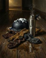 Still life of wet wool socks, snowy helmet and steaming thermos on wooden floor after winter activity