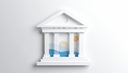 A minimalistic architectural representation featuring a bank icon. The design showcases clean lines and modern aesthetics