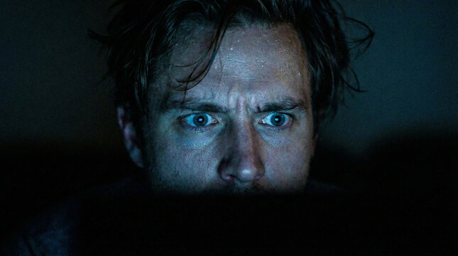 Close-up of man with intense wide eyes and messy hair illuminated by blue computer screen light in the dark