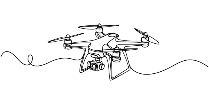 Vector continuous one single line drawing icon of quadcopter camera drone in silhouette on a white background. Linear stylized, One single line drawing of flying drone airplane, unmanned plane vector
