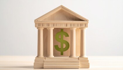 A symbolic representation of a bank, featuring a wooden structure with a prominent dollar sign