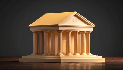 A meticulously crafted miniature building with a classical architectural design. The building features pillars and a triangular pediment, evoking a sense of grandeur and historical significance