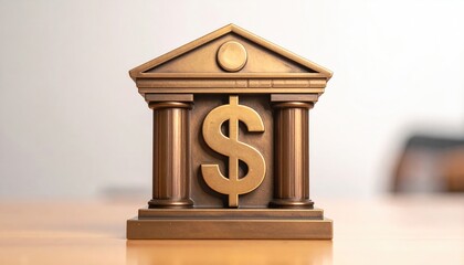 An elegant artistic representation of a bank building with a prominent dollar sign on the facade