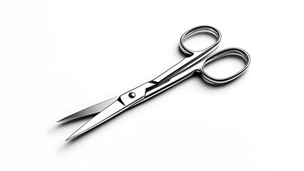 Obraz premium Gleaming stainless steel scissors lie open on a stark white background, angled slightly for optimal viewing. The blades are sharp