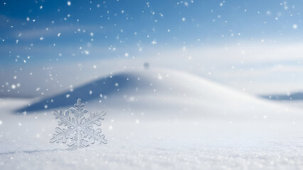 Serene winter landscape with snowflakes and snowy hills