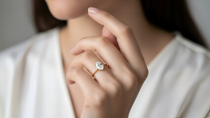 Close-up of a woman's hand showcasing a solitaire diamond engagement ring