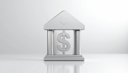 A conceptual depiction of a bank building, featuring a dollar sign