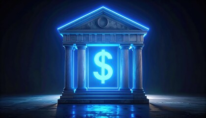 Illuminated bank building, dollar sign concept. The dollar sign shines brightly within the structure. A symbol of finance, banking, and the economy