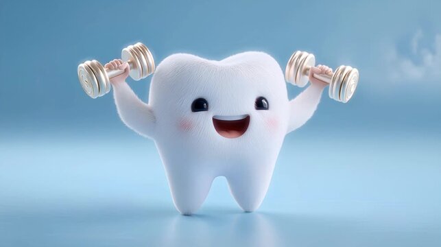 Strong tooth lifting dumbbells, cute cartoon character lifting kettlebells.