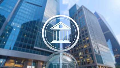 Modern skyscrapers forming the backdrop for a banking institution symbol, embodying finance and urban growth