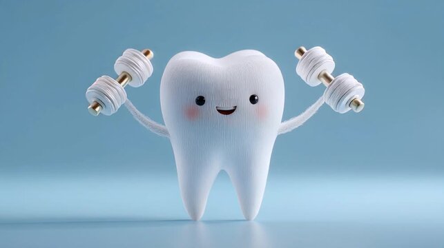 Strong tooth lifting dumbbells, cute cartoon character lifting kettlebells.