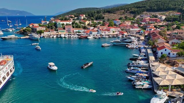 Aerial View of Fiskardo Harbour in Kefalonia, Greece with Boats a...