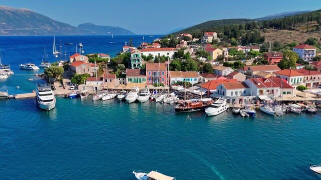 Aerial View of Fiskardo Harbour, Kefalonia, Greece - Drone Footag...