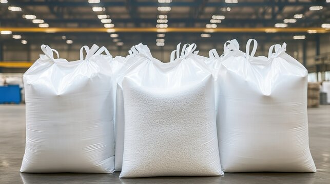 Large industrial white woven polypropylene bulk bags filled with absorbent granular material stored indoors