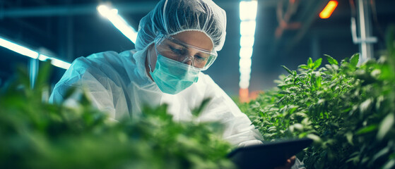In the laboratory, a specialist in protective clothing examines plants, emphasising the importance of scientific discoveries for ecology, the ideal atmospheric backdrop for articles on biotechnology.