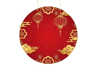 Red circle with golden chinese decorations isolated on transparent background