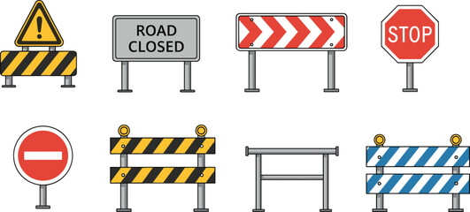 Road traffic signs and construction barriers set isolated on white background, warning, stop, road closed, and detour symbols for transportation design © Hello World
