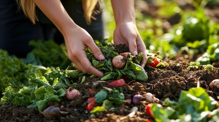 Hands in soil with vegetables and waste illustrate the problem of environmental pollution and the importance of recycling — a relevant backdrop 