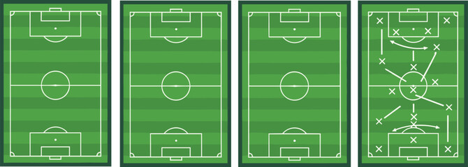Soccer field tactics board set isolated on white background, football pitch layouts with strategy markings for coaching, training, analysis, and sports design © Md
