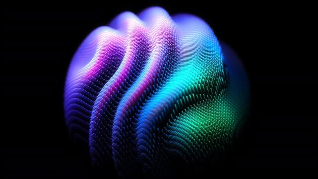 Abstract 3D sphere with dynamic wave surface inspired by sound waves and audio equalizer. Visualization of digital sound, frequency spectrum, data flow and technology. Looped slow motion 4K animation