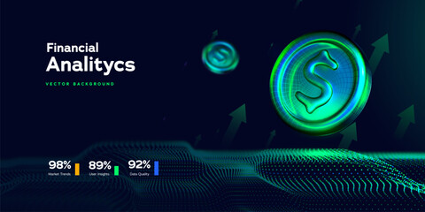 Naklejka premium Digital Finance Concept With Neon Dollar Sign And Futuristic Analytics Grid. Ideal For Cryptocurrency, Banking, And Investment Themes. Financial Graphics. Vector Illustration.