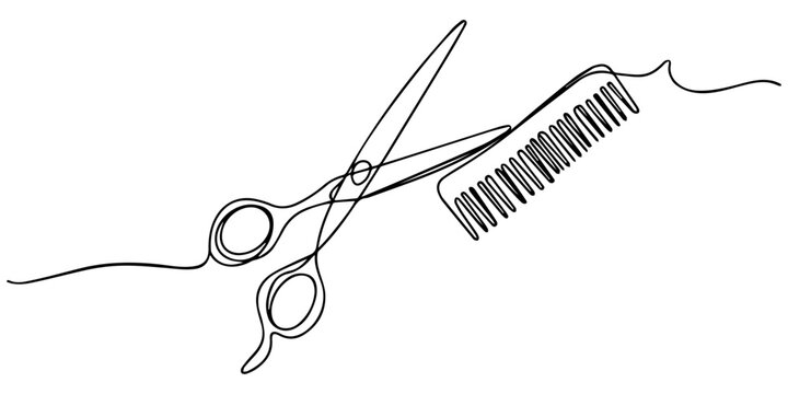 Scissor and comb continuous one line drawing, A simple drawing of scissors and comb as one continuous line for a modern symbol of a barber shop or salon. Editable stroke . Minimalistic vector