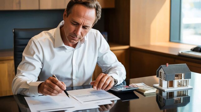 Man counting house price, home insurance cost, property value. Man counting house price, home insurance cost, property value or rent on paper. Realtor or real estate agent writing offer. 