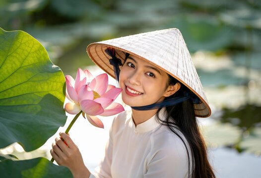 A girl in a traditional Vietnamese &Aacute;o D&agrave;i stands peacefully by the water, holding a pink lotus flower.
