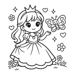 Princess and Butterfly Coloring Page, Easy Coloring Page for Children