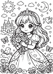 Princess Holding Flowers Coloring Page, Cute Fairytale Illustration