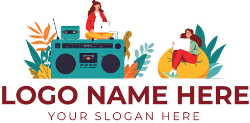 Creative workspace logo vector with laptop users on beanbag and boombox surrounded by colorful plants and leaves
