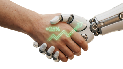 Robot and Human Handshake with Glowing Green Growth Arrow