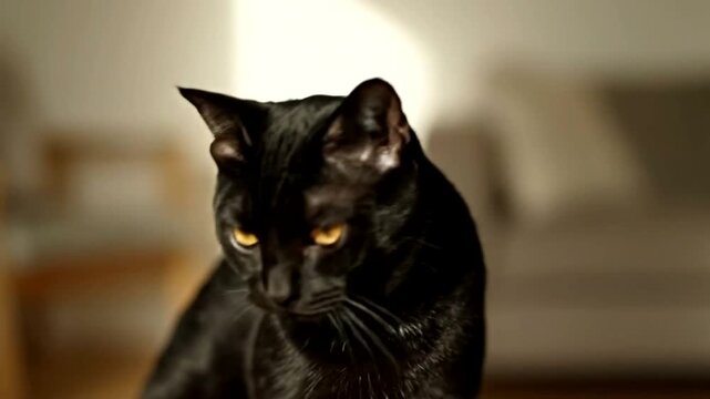 Beautiful black cat with yellow eyes looking directly at the camera.