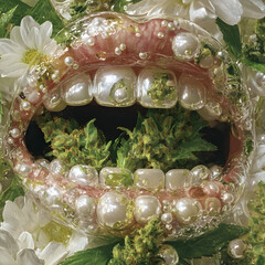 Close up of glossy lips filled with cannabis buds surrounded by white flowers