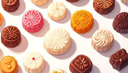 Assortment of beautifully crafted, colorful, and detailed round pastries, showcasing various shapes and textures, arranged on a white backdrop