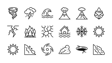 Natural disaster icons. Catastrophe symbols vector illustration. Tornado, tsunami, volcano, earthquake, flood. Climate change emergency. Minimalist outline weather warning signs.