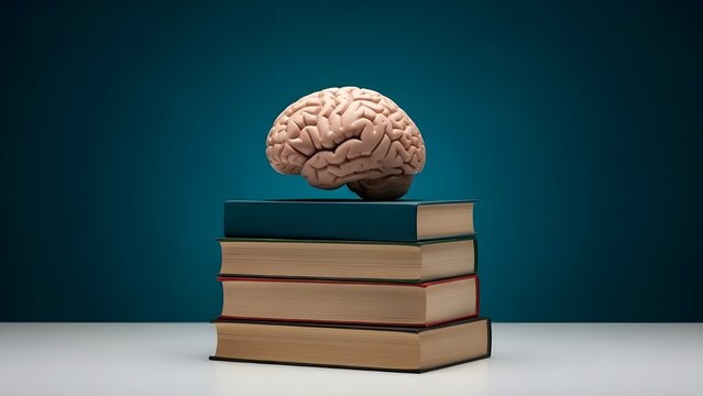 Un modelo de cerebro anat&oacute;mico blanco se asienta sobre una pila de libros viejos y desgastados sobre un fondo verde azulado.
 La imagen sugiere aprendizaje y conocimiento.