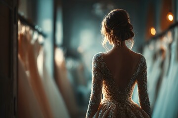 Young woman in vintage wedding dress in bridal salon. Back view of girl with beautiful hairstyle. Horizontal image. 
Wedding dress fitting