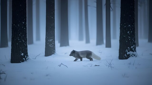 Lobo solitario caminando por un sendero forestal nevado, fondo del pa&iacute;s de las maravillas invernales, calendario natural