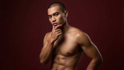 Fototapeta premium Topless Asian Indonesian Male Model with Buzz Cut on Maroon Background